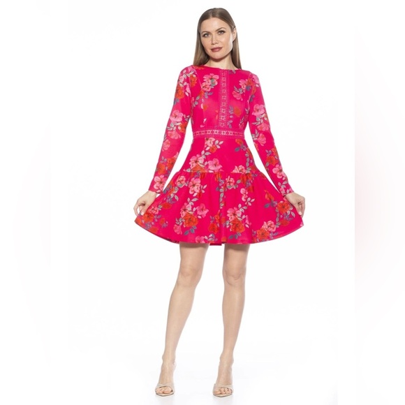 Alexia Admor Alexa Long Sleeve Lace Trim Mini Dress Hot Pink‎ Floral Size 8 - Picture 1 of 11